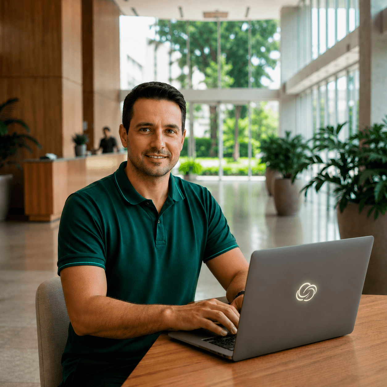 Gestor em lobby moderno trabalhando no notebook, ambiente profissional de condomínio